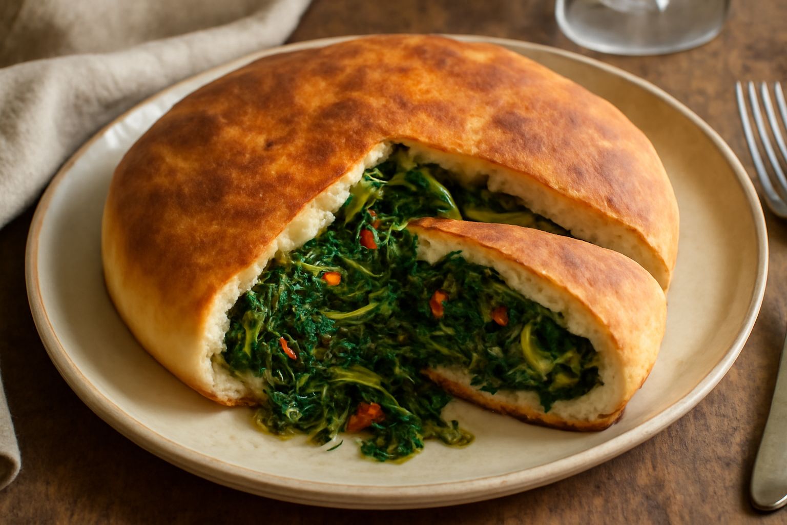 Pitta dorata e croccante appena sfornata, tagliata a metà, con dentro cicoria verde scuro saltata, aglio dorato e gocce di olio extravergine, servita su piatto bianco con cucchiaio a lato