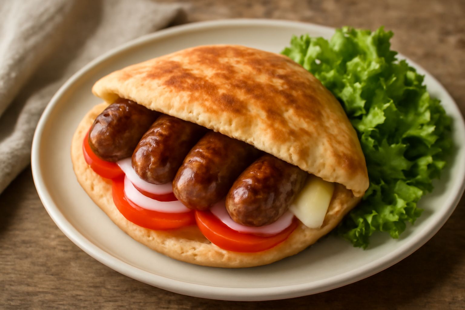 Pitta con le salsicce servita su piatto bianco, il pane caldo e leggermente gonfio contiene salsicce grigliate dorate, pomodoro rosso, cipolla bianca e formaggio fuso che fuoriescono dai bordi, con un