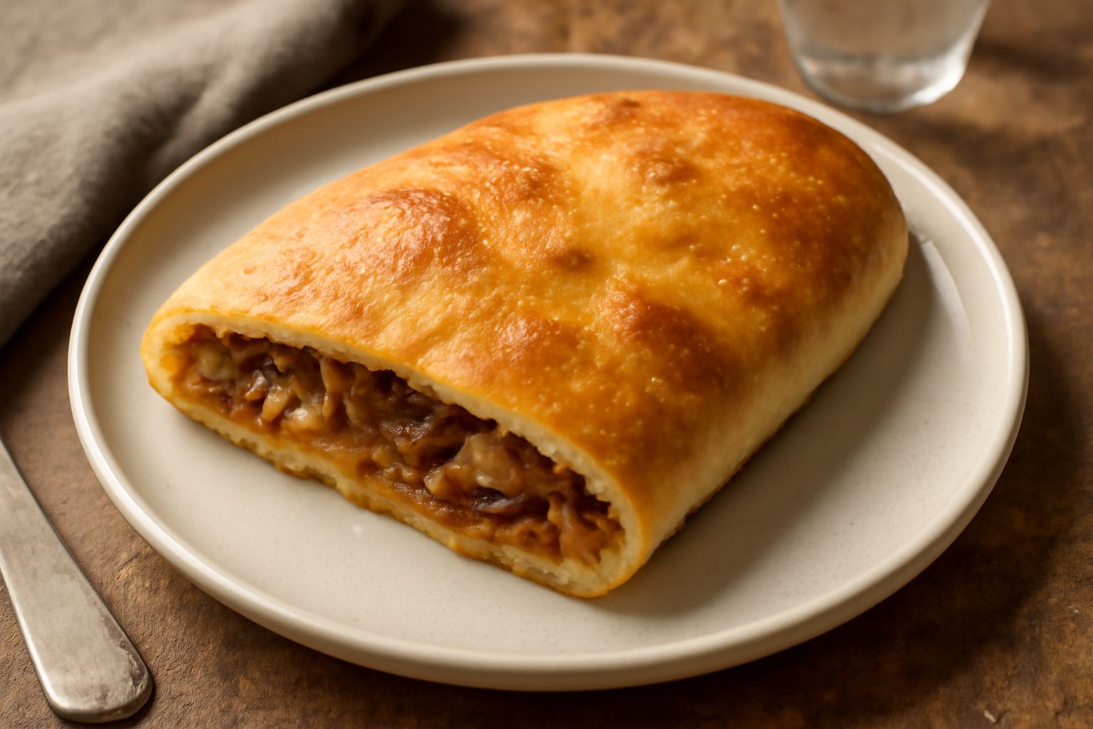 Pitta cu cipudda appena sfornata, pane dorato e croccante con superficie leggermente oleata, spezzato a metà per mostrare il ripieno di cipolle caramellate dorate, acciughe scure e olive nere, servito