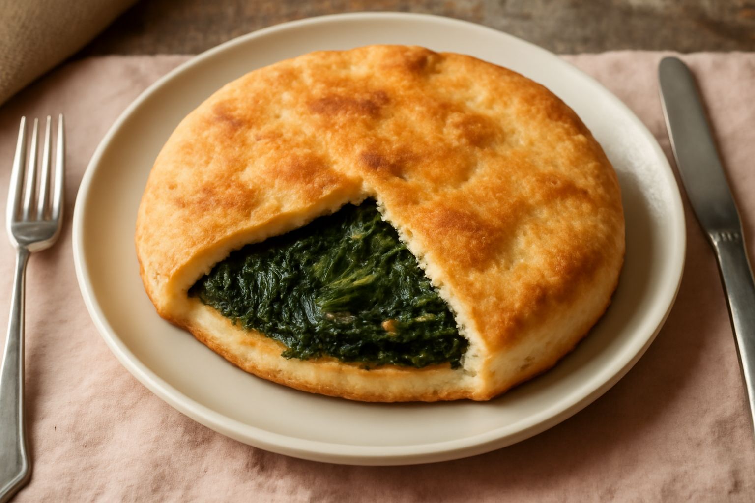 Pitta cu' la cicoria tagliata a metà su un piatto bianco, che mostra il ripieno di cicoria verde scuro ripassata, la crosta dorata e friabile del pane toscano