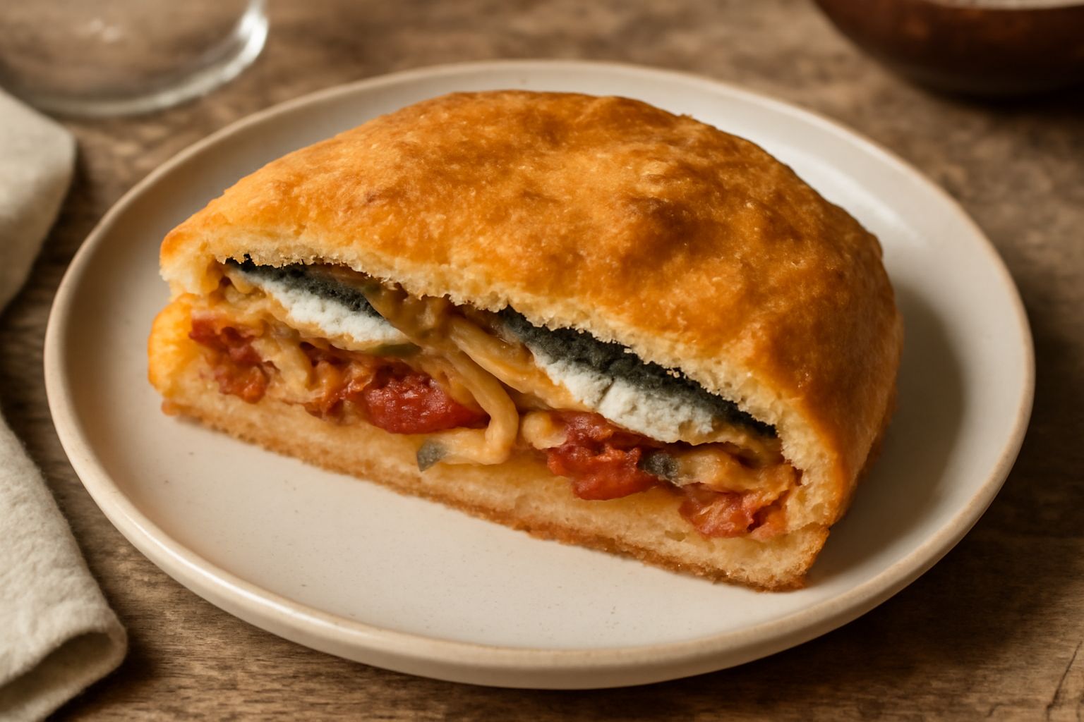 Pitta cu la sarda tagliata a metà su un piatto bianco, ripieno di sardine intere, cipolla gialla e pomodoro, impasto dorato e croccante, ambiente cucina naturale