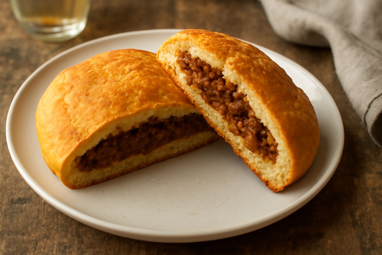 Una pitta cu' ragù tagliata a metà su un piatto bianco, che mostra l'interno con ragù marrone scuro e la carne sfilacciata ben distribuita, con la crosta dorata e leggermente screpolata