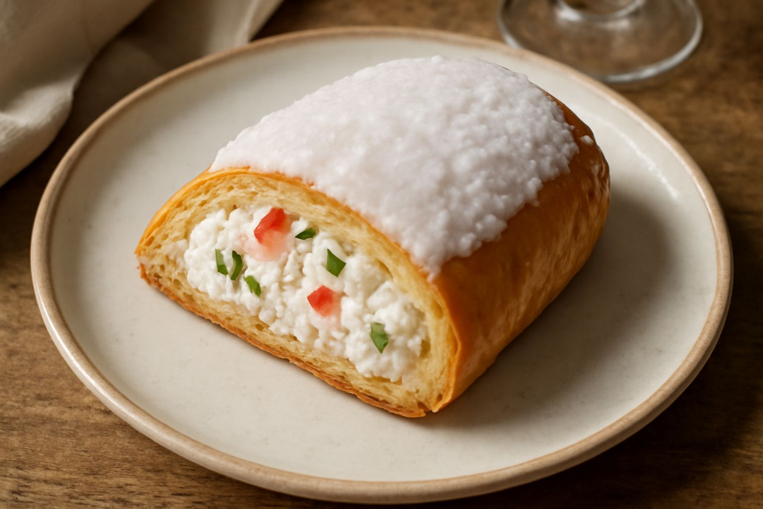 Pitta cu' ricotta appena sfornata, con pasta sfoglia dorata e croccante, glassa di zucchero bianca brillante in superficie, vista del ripieno di ricotta cremosa e canditi colorati dal taglio laterale,