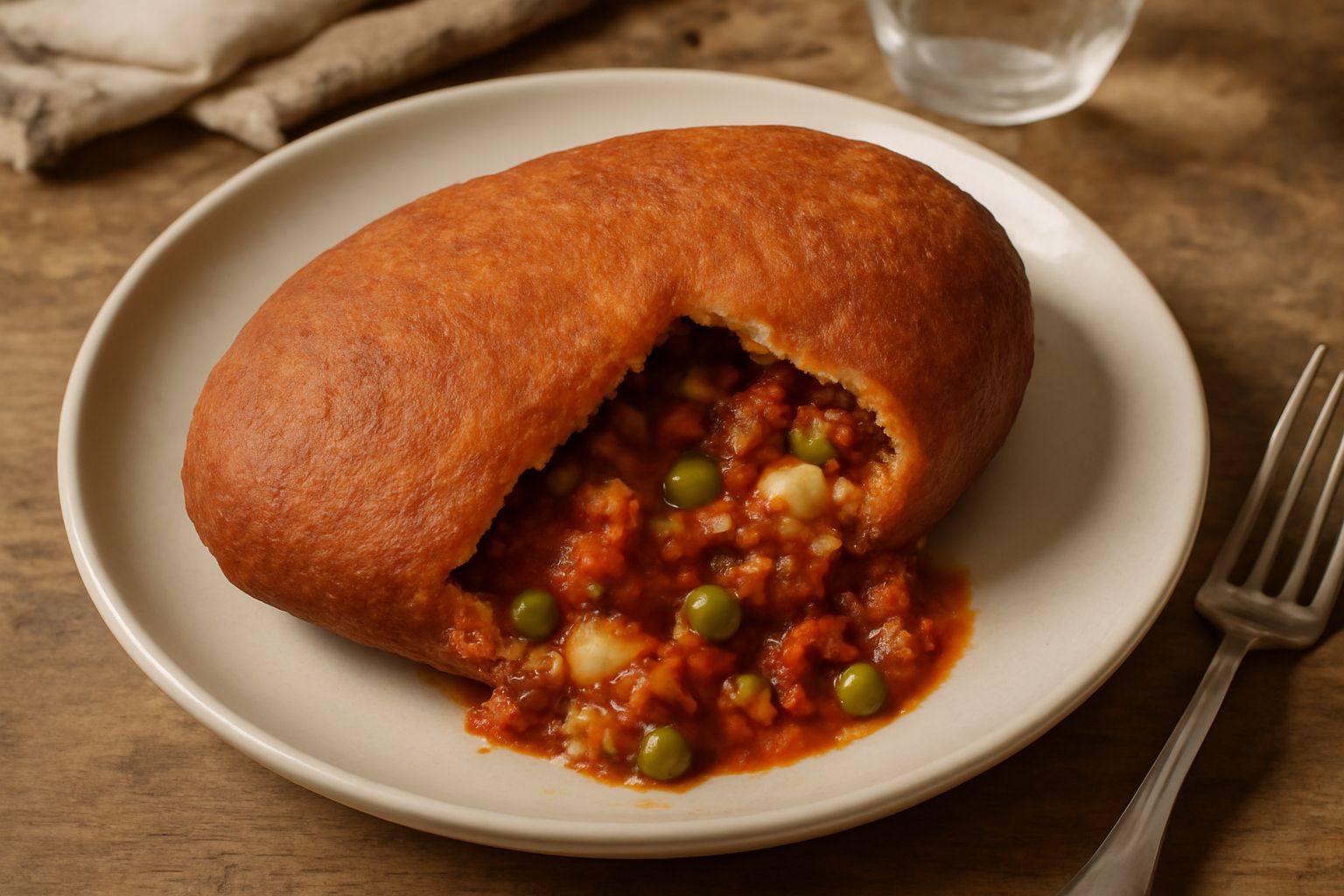 Pitta cu' salsa tagliata in due, ripiena di ragù rosso, piselli verdi e formaggio filante, croccante e dorata, servita su piatto bianco