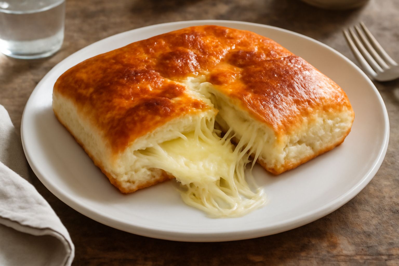 Pitta di formaggio dorata e gonfia appena sfornata, tagliata a metà per mostrare il formaggio filante bianco all'interno, su un piatto di ceramica bianca con una cornicetta di farina su un piano di ma