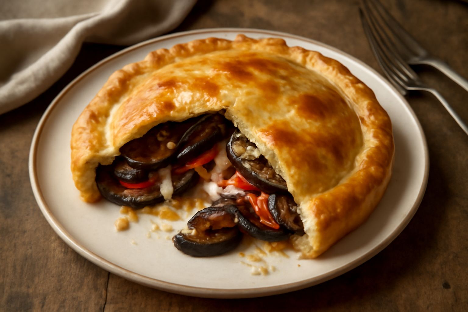 Una pitta di melanzana appena sfornata, con pasta sfoglia dorata e croccante, tagliata a metà per mostrare l'interno con melanzane grigliate color marrone scuro, pomodori rossi e formaggio filante, po