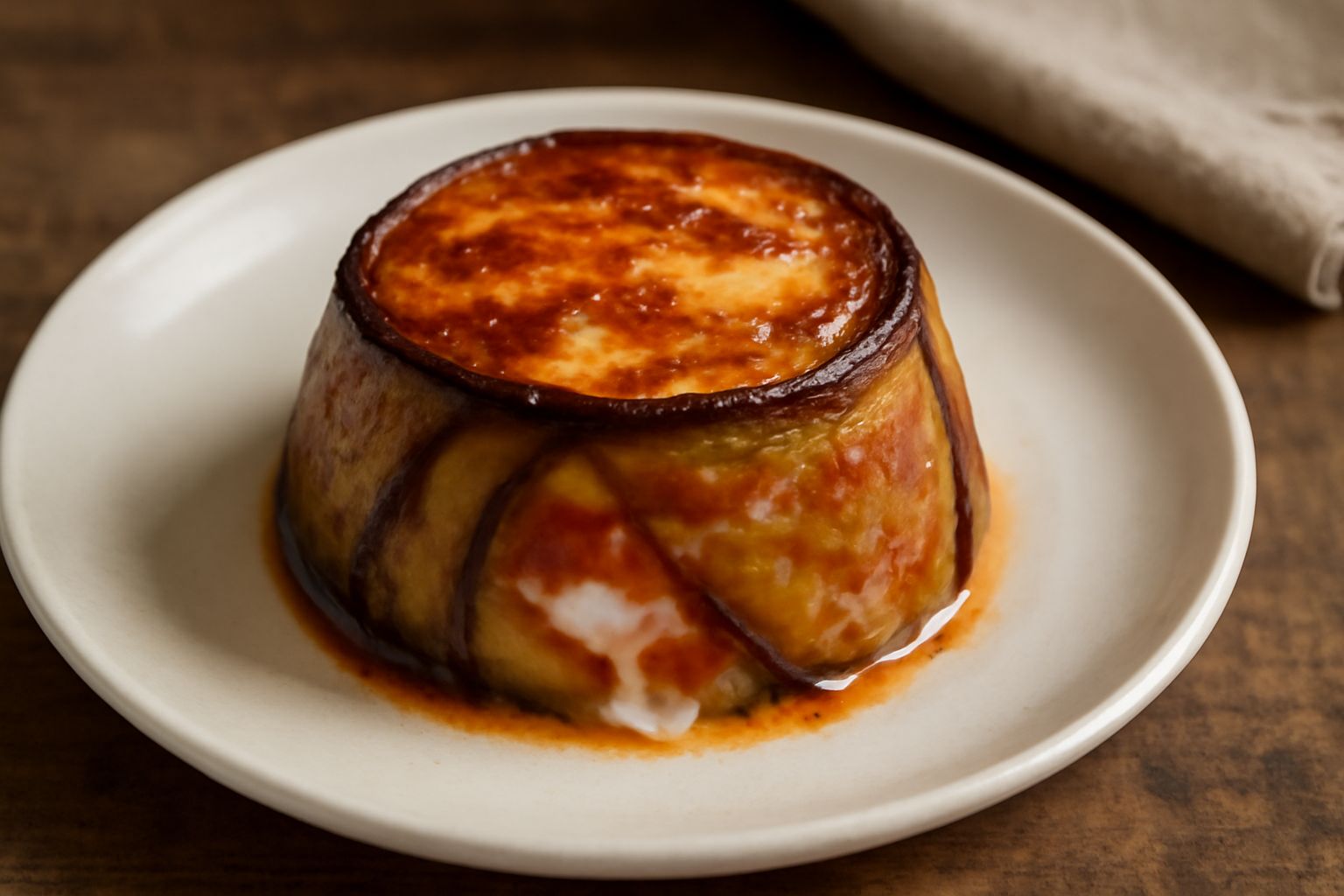 Pitta di melanzane appena sfornata, con fette di melanzane grigliate dorate, ripieno di formaggio filante e pomodoro, servita su un piatto bianco con contorno di insalata fresca