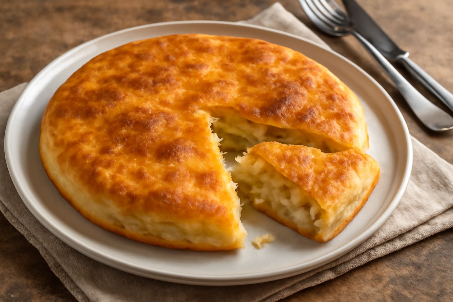 Pitta rotonda e dorata spezzata a metà, che mostra il ripieno di patate gialle e cipolla caramellata, servita su un piatto bianco con contorno di insalata verde