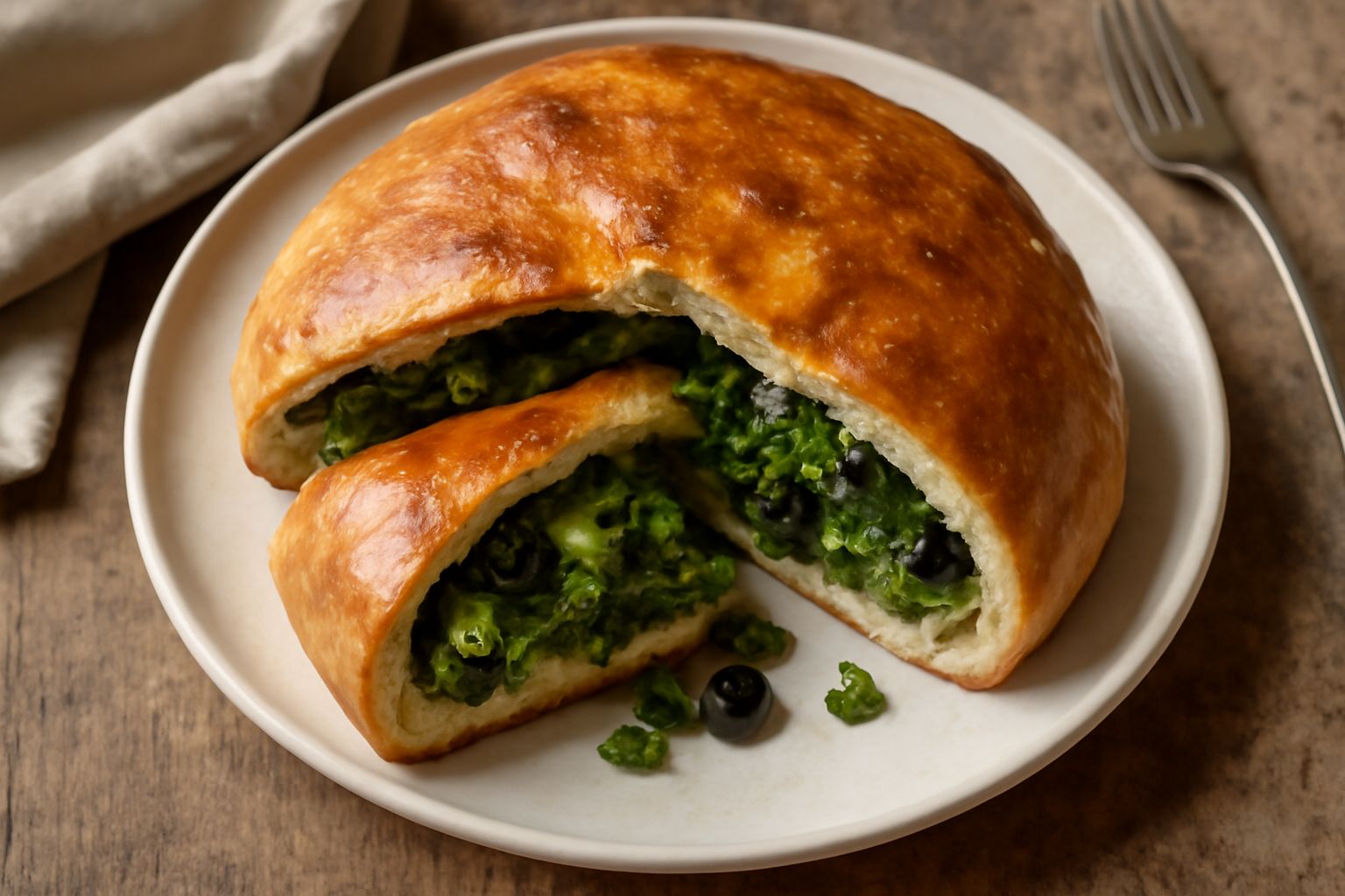 Una pitta di scarola e olive tagliata a metà su un tagliere di legno, con la sfoglia dorata e croccante, il ripieno di scarola verde e olive nere visibile all'interno, contornata da foglie di scarola 