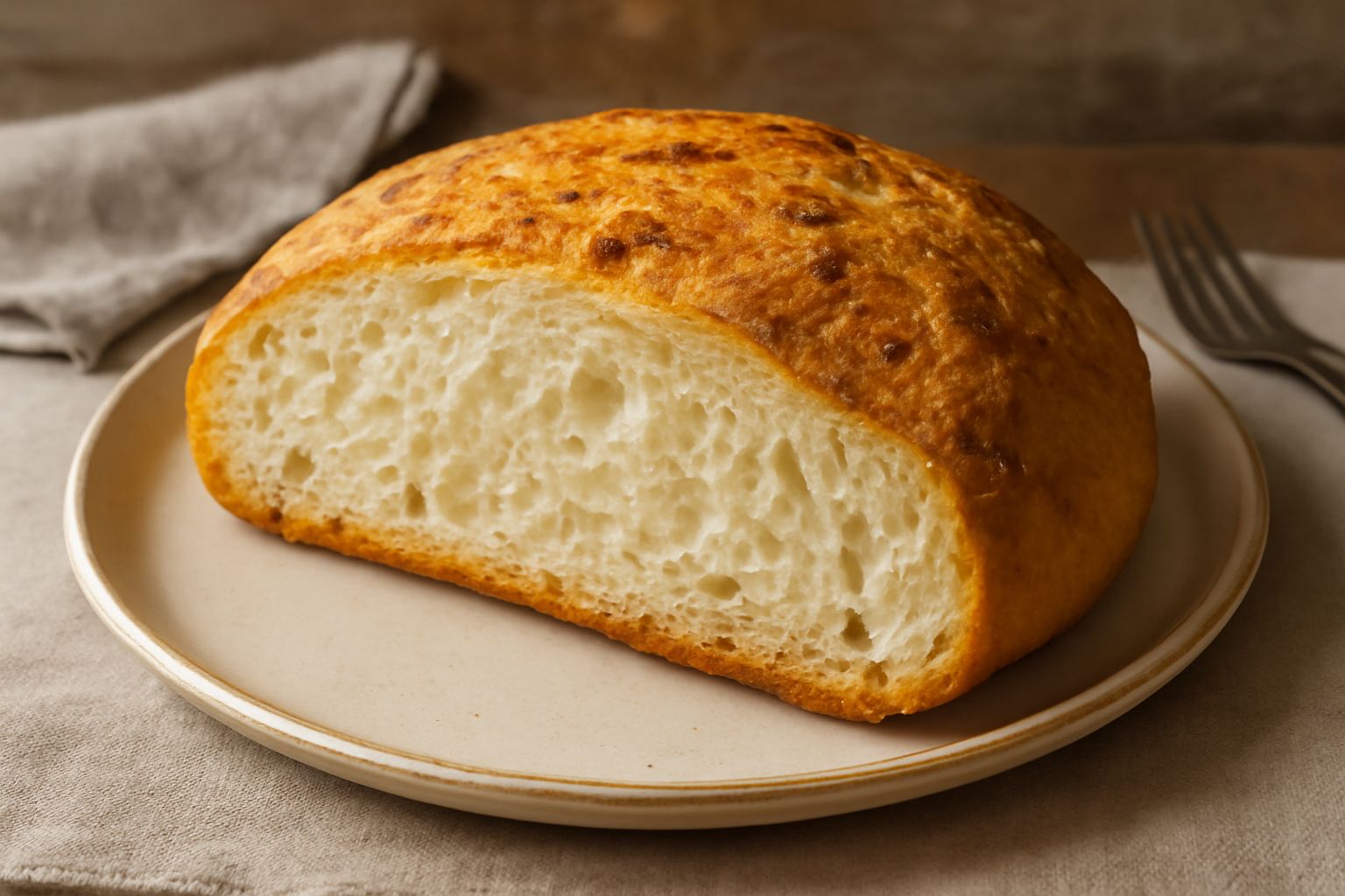 Una pitta di semola intera su una tavola di legno, con crosta giallo-dorata e screpolature visibili, accanto a una fetta del pane che mostra la mollica bianca e alveolata all'interno