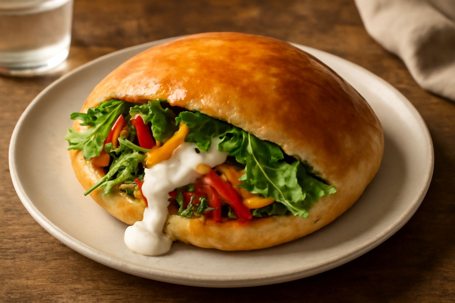 Una pitta di pane caramellato e dorato tagliata a metà, ripiena di verdure grigliate rosse e gialle, melanzane, zucchine, lattuga fresca e salsa bianca cremosa, servita su un piatto bianco con limone 