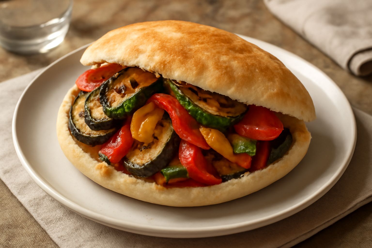 Pitta dorata e croccante tagliata a metà, ripiena di melanzane grigliate violacee, zucchine verdi, peperoni rossi e gialli, formaggio bianco, pomodori rossi, servita nel piatto bianco con contorno di 