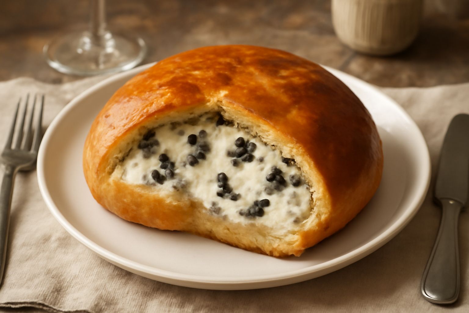 Pitta d'u tartufu dorata appena sfornata, tagliata a fette, che mostra il ripieno scuro di tartufo nero mescolato a ricotta bianca cremosa, servita su piatto bianco
