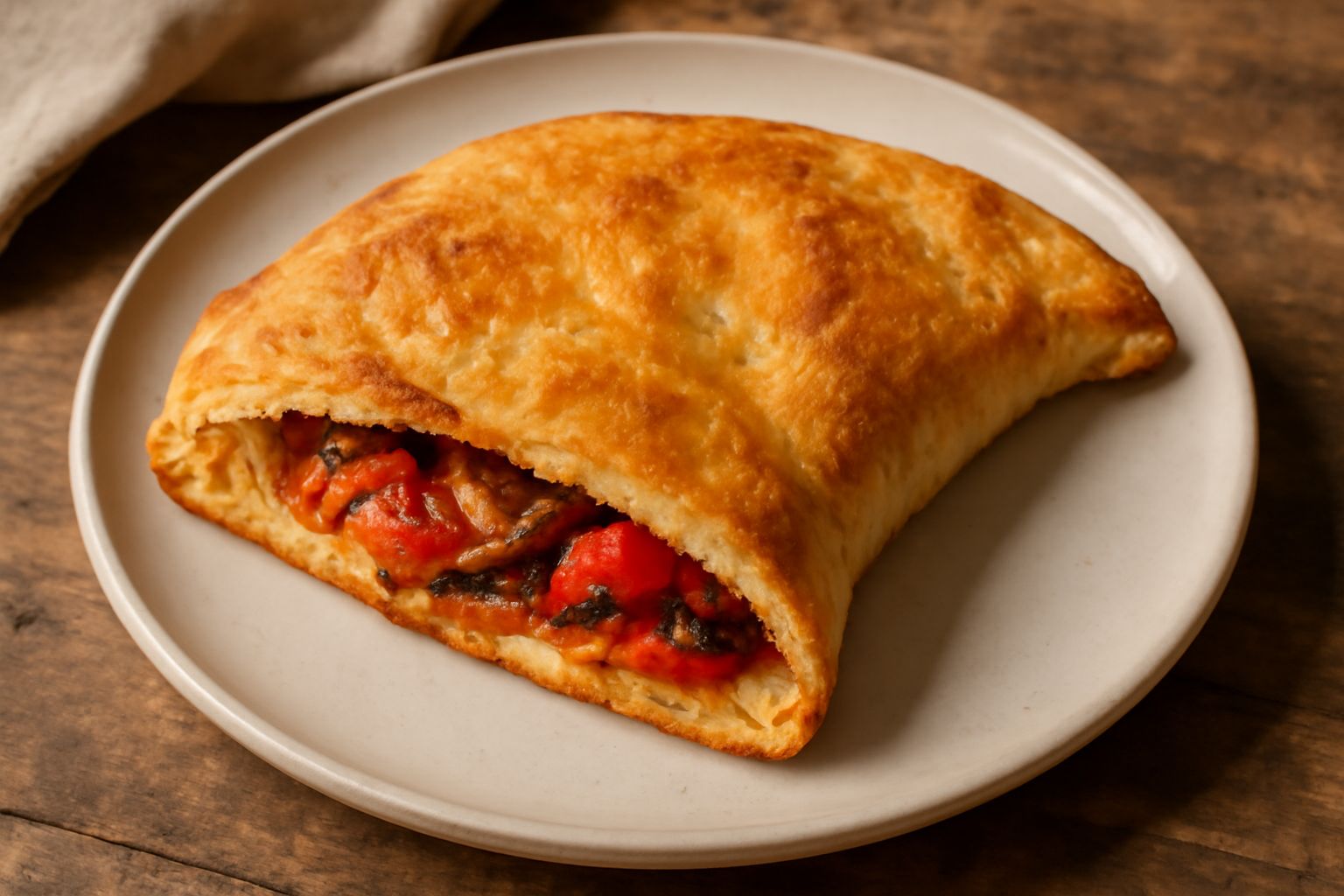 Pitta 'mbigliata dorata e croccante, ripiegata a mezzaluna, con vista di taglio che mostra il ripieno di pomodoro, cipolle e formaggi, servita su tavolo di legno