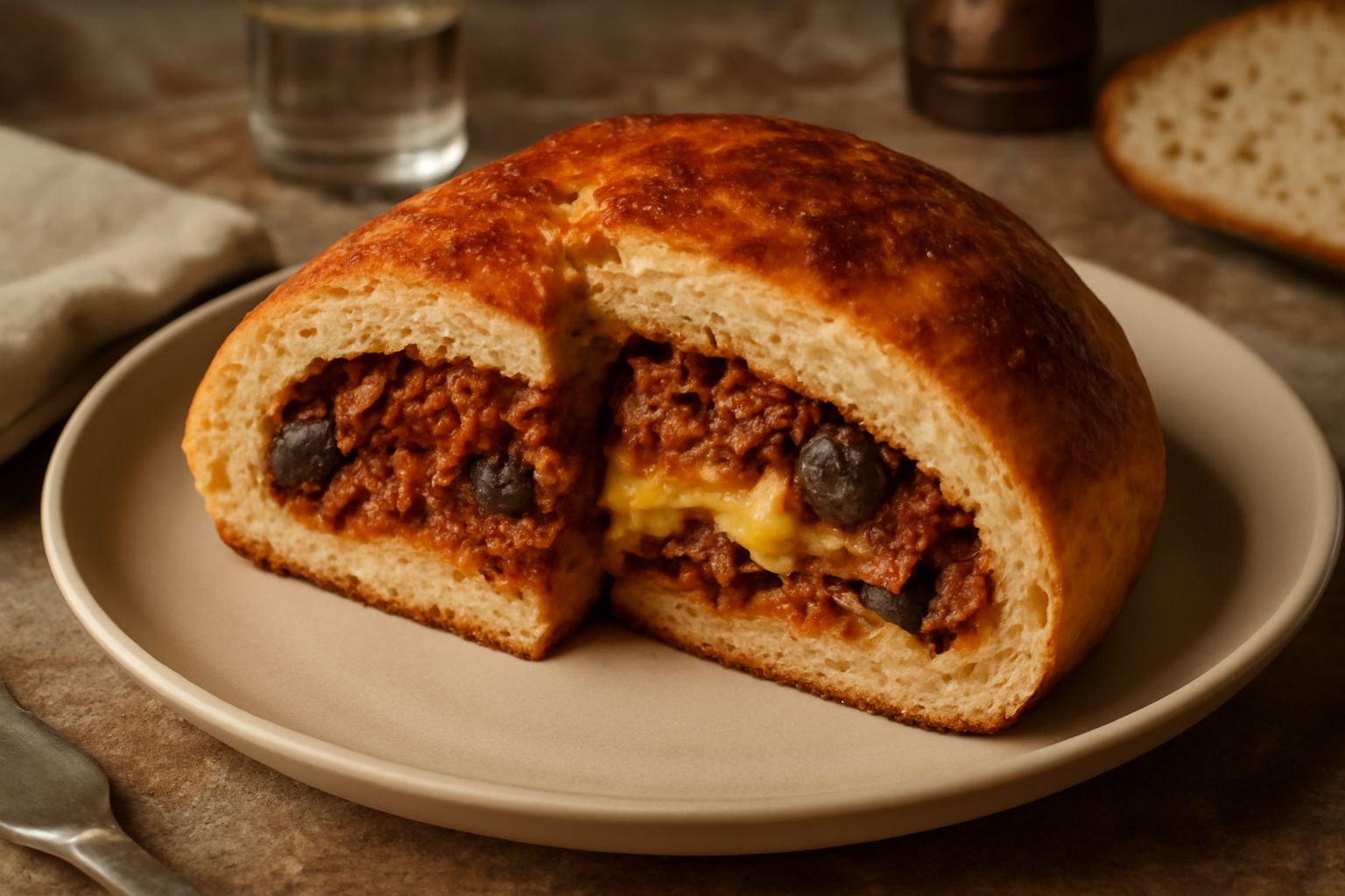 Pitta 'mbusu affettata in due metà, con il ripieno di ragù rosso, formaggio filante e melanzane visibili all'interno, su un piatto bianco, sfondo di pane intero dorato