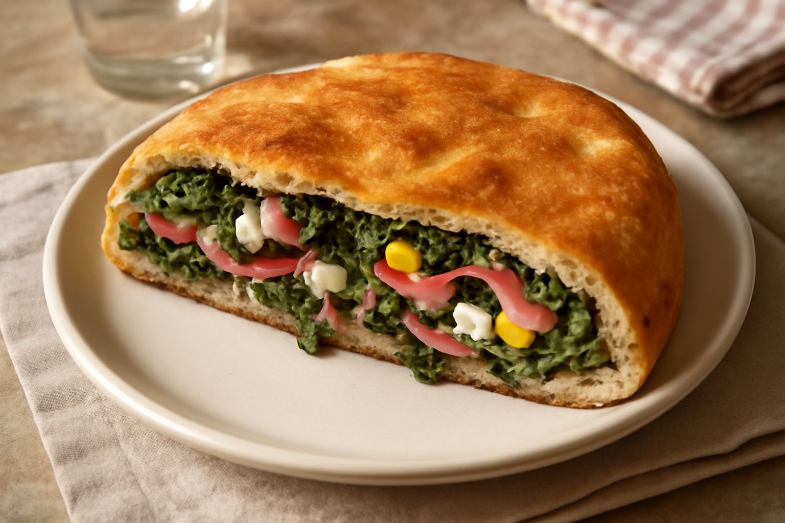 Pitta molisana tagliata a spicchi su un piatto bianco, interno visibile con verdure verdi, strisce di formaggio bianco, mortadella rosa e uova sode gialle, crosta dorata, vapore leggero che sale dal t