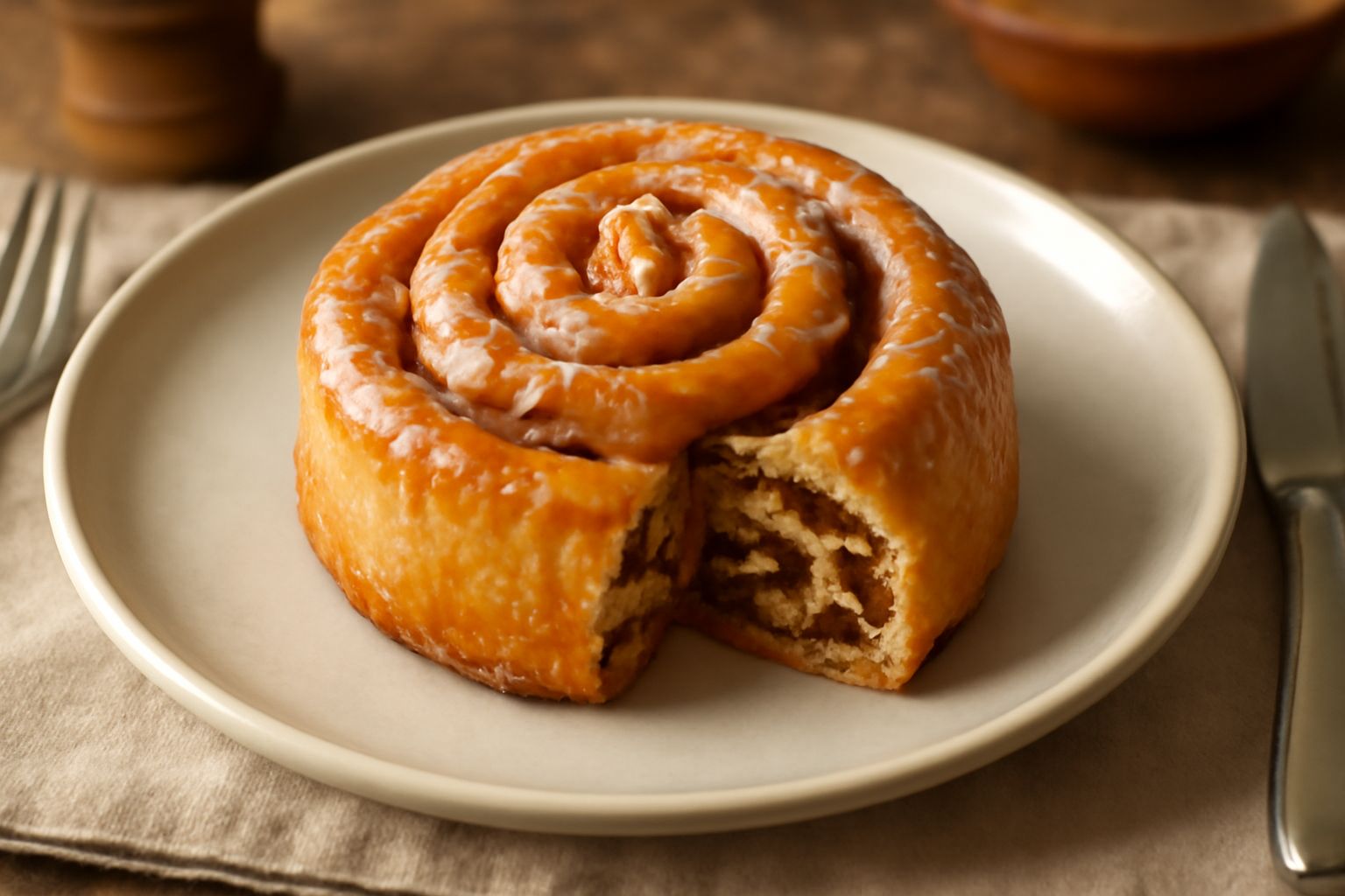 Pitta 'mpigliata dorata su piatto di maiolica, tagliata a spicchi, che mostra l'interno a spirale con ripieno di frutta secca, glassa trasparente in superficie, sfondo con tovaglia a quadretti