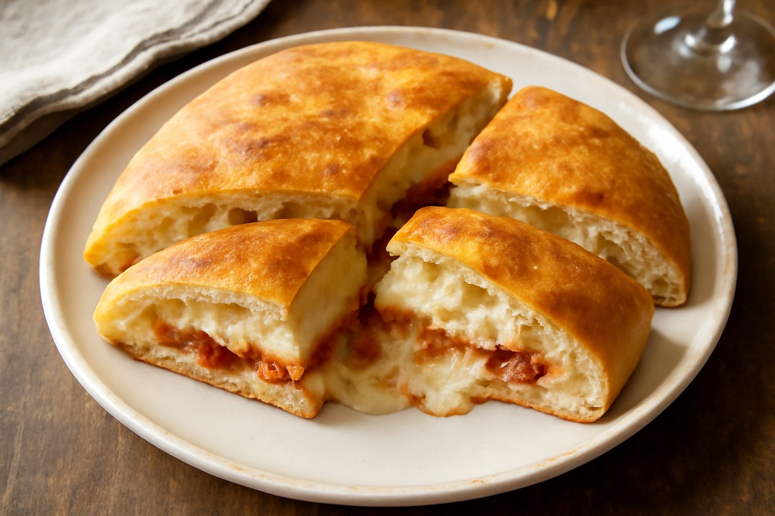 Pitta appena sfornata dorata e croccante, tagliata a metà, che mostra il ripieno di 'nduia rossa e formaggi fusi gialli e bianchi, servita su un piatto bianco con un tovagliolo
