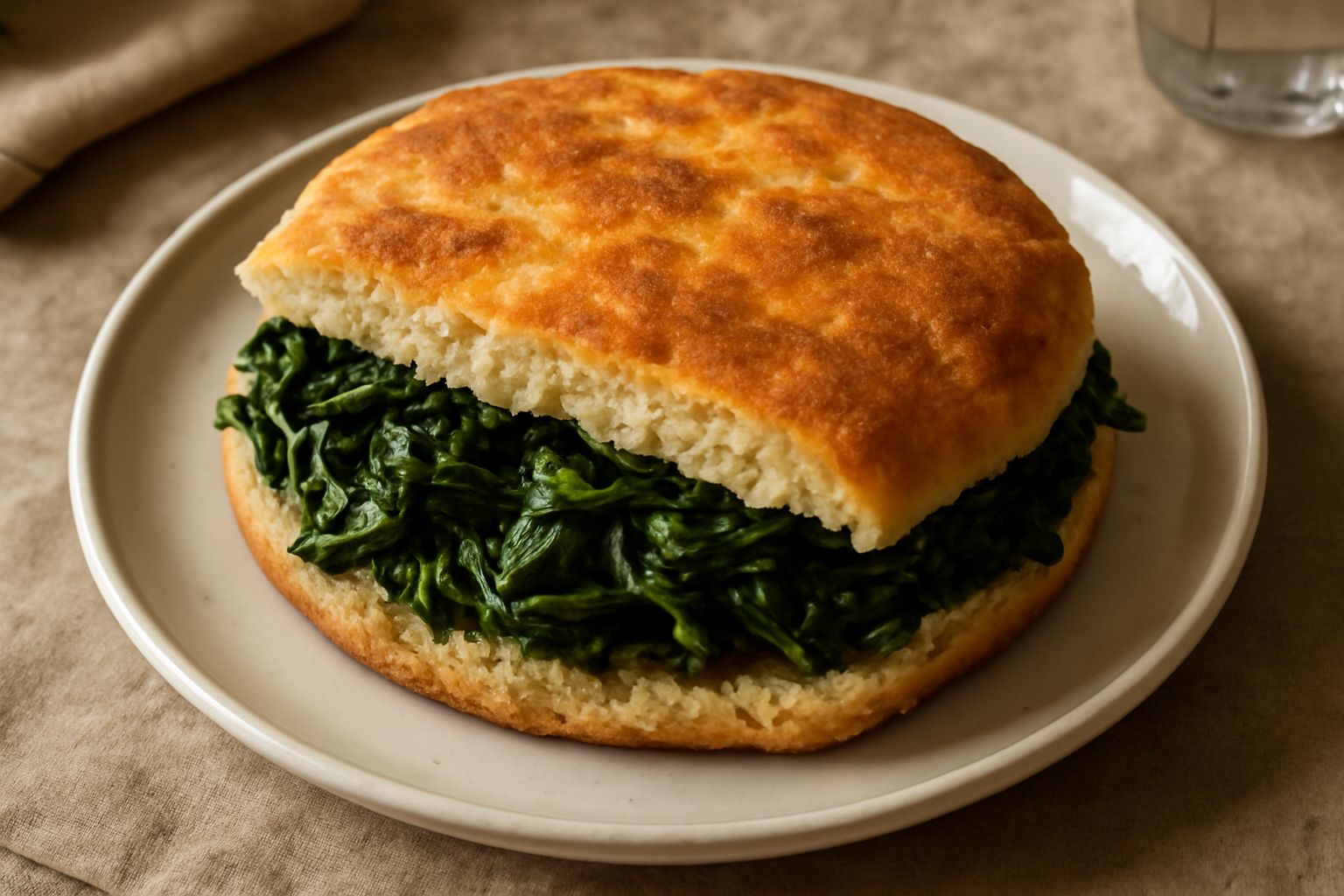 Una pitta ri cicoria appena tagliata mostra l'impasto dorato e il ripieno verde scuro di cicoria, servita su un piatto di ceramica con una tazza di caffè accanto