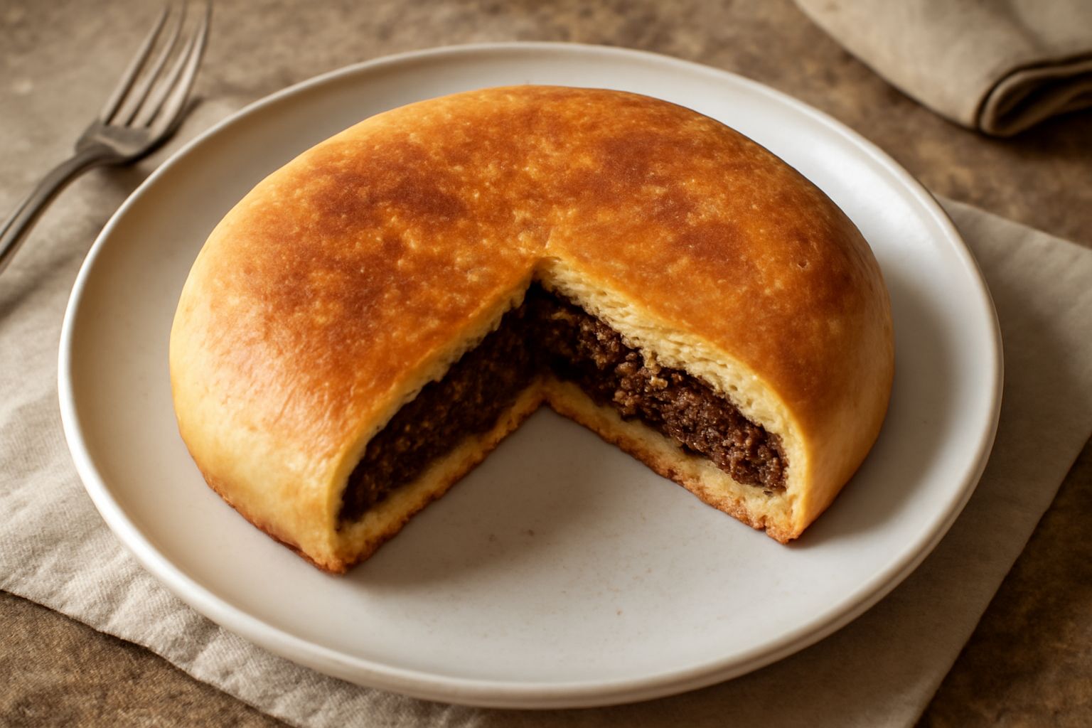 Pitta ri cipudda dorata e croccante tagliata a metà, mostra l'interno con cipolla caramellata marrone scuro, poggiata su carta bianca con sfondo rustico in legno