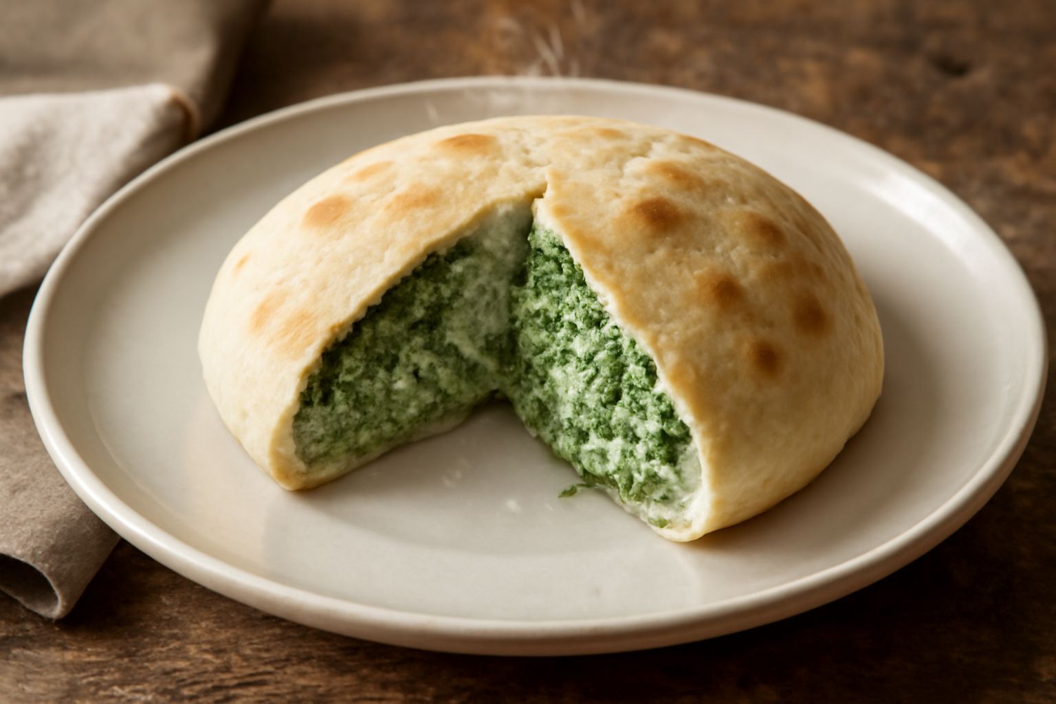 Una pitta tagliata a metà su un piatto bianco, con il ripieno cremoso verde e bianco ben visibile, guarnita con una foglia di spinaci fresco e una spolverata di pepe nero