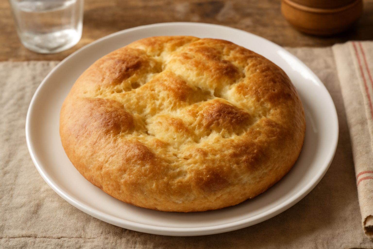 Pitta riggitana appena sfornata, dorata e leggermente gonfia, con superficie irregolare e croccante, poggiata su tela di lino beige, vapore caldo che esce dalla crosta
