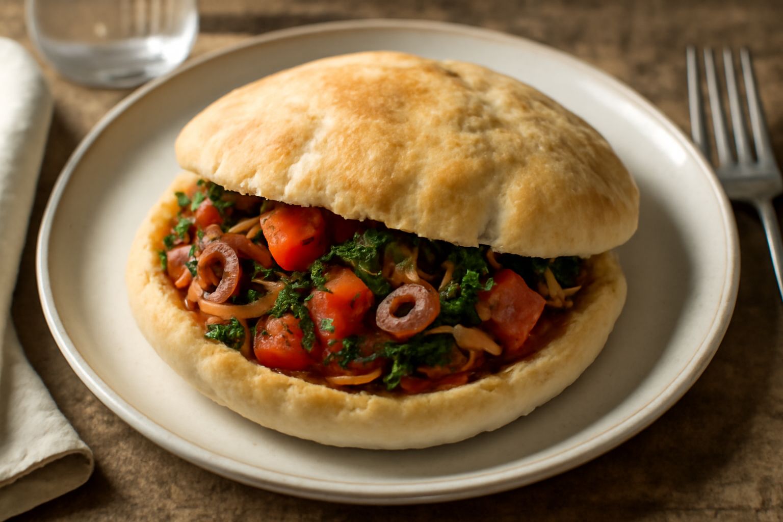 Pitta appena tolta dal forno, tondeggiante e dorata, leggermente gonfia, con una leggera crepa naturale al centro, poggiata su un piatto bianco con accanto verdure fresche tagliate