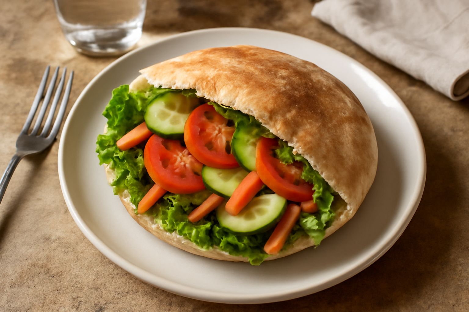 Pitta aperta ripieni di verdure colorate: lattuga croccante, pomodori rossi, carote arancioni, cetrioli verdi, cipolla, salsa bianca di yogurt, tutto ben visibile all'interno del pane pita gonfio