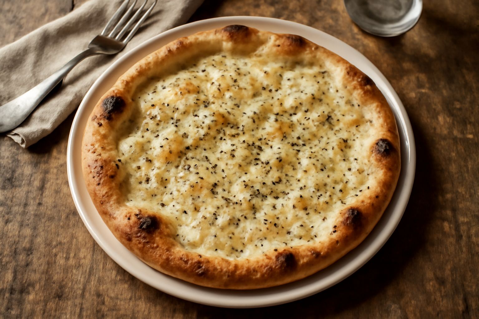 Pizza rotonda con base dorata croccante, coperta di formaggio fuso bianco e giallo, con granelli di pepe nero visibili sparsi in superficie, servita su tavolo di legno