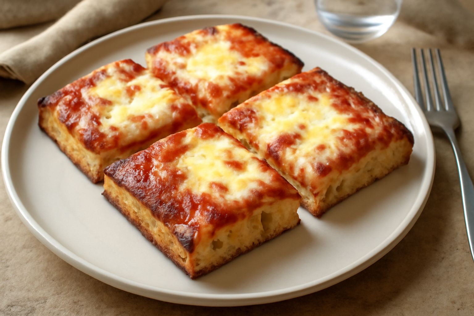 Pizza al taglio appena sfornata con rettangoli di sfoglia dorata, ricoperta di pomodoro rosso vivo, fili di mozzarella fusa e origano fresco su una teglia bianca, tagliata in strisce.