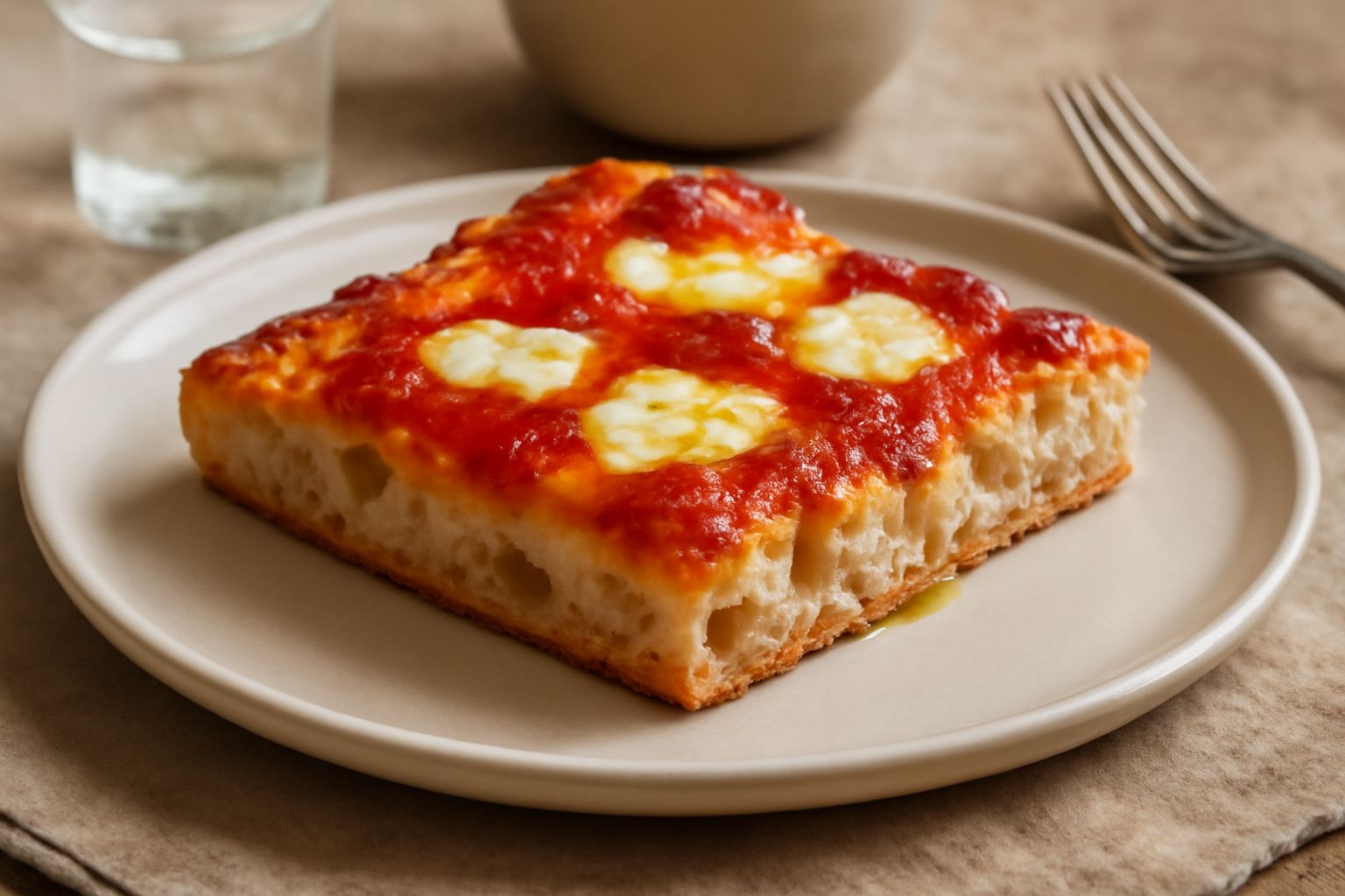 Pizza al taglio aquilana in teglia rettangolare, gialla dorata, con mozzarella fusa, pomodoro rosso e filo d'olio verde, tagliata a rettangoli di circa 6 centimetri per 8