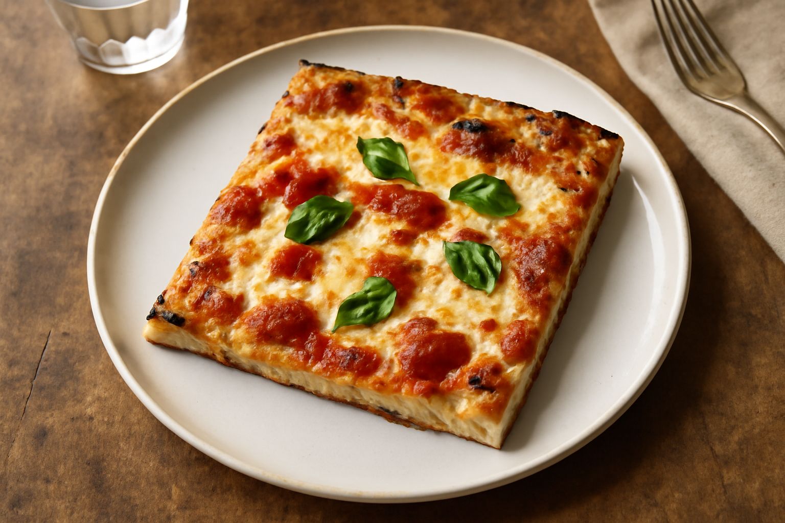 Una teglia di pizza al taglio basilicatese appena sfornata, dorata e fragrante, divisa in rettangoli generosi, con mozzarella filante, pomodoro rosso vivo e granelli di pepe nero visibili sulla superf
