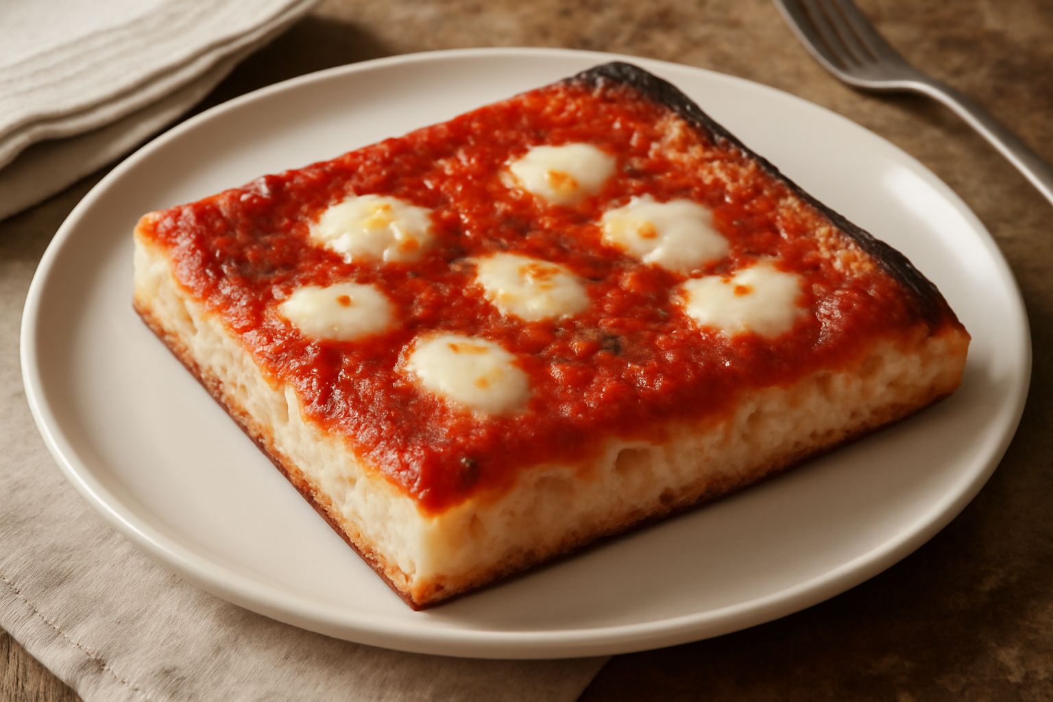 Pizza al taglio casertana dorata, tagliata a rettangolo, con crosta croccante, interno soffice e bianco, ricoperta di pomodoro rosso brillante e filamenti di mozzarella, posta su carta bianca leggerme