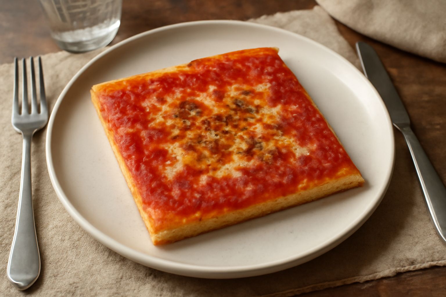 Pizza al taglio catanese dorata e croccante, quadrata, con salsa di pomodoro rosso vivo e filo di formaggio fuso, intera e a spicchi su carta biancastra