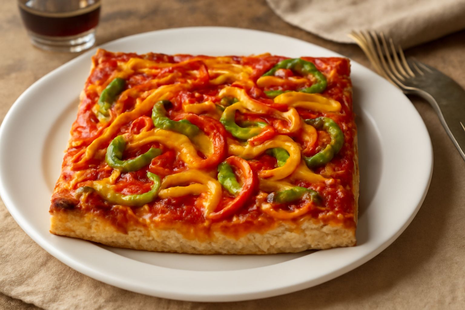 Pizza al taglio rettangolare su carta bianca, con friggitelli rossi e gialli in superficie, crosta dorata, tagli netti visibili, servita in primo piano