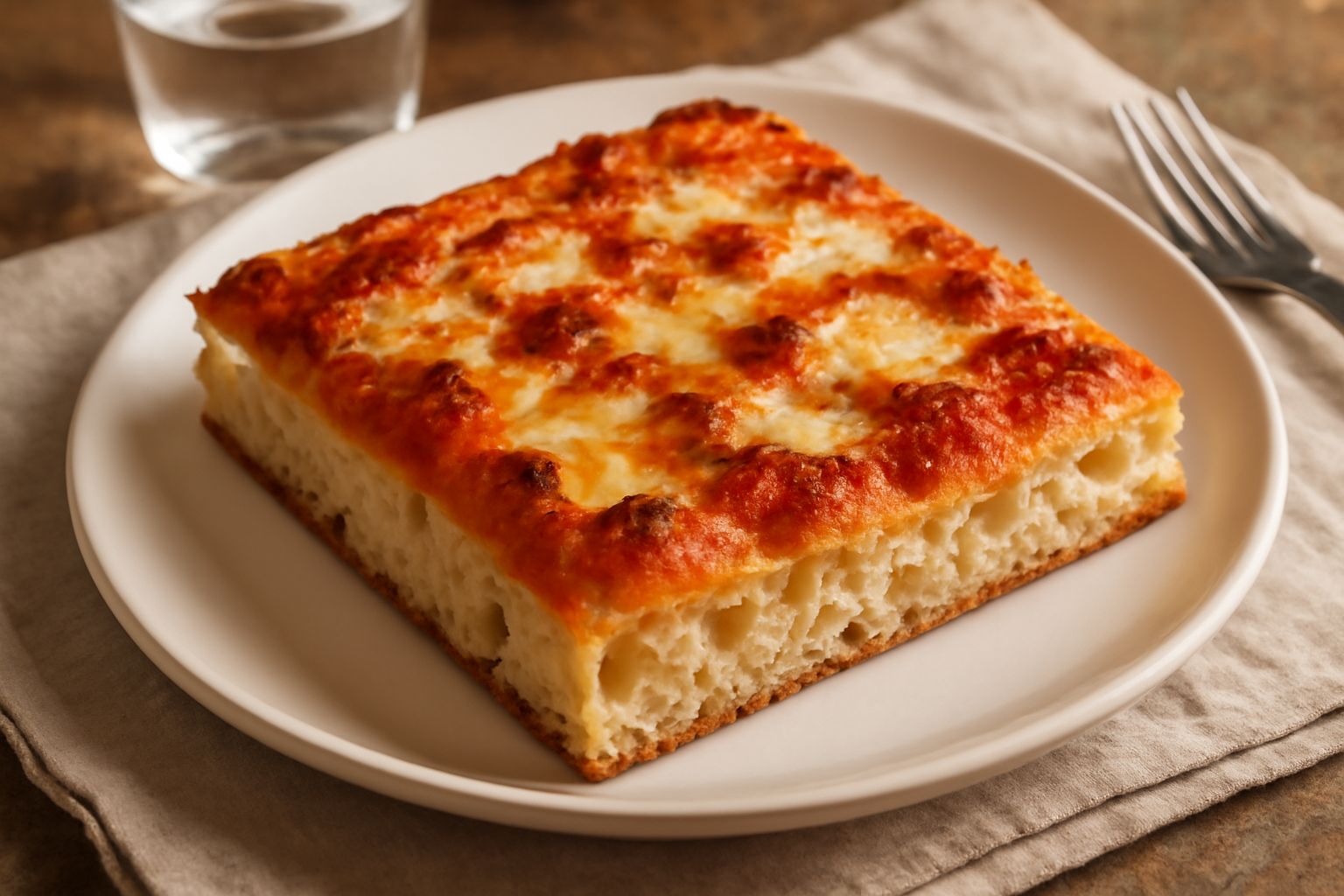 Pizza al taglio in teglia rettangolare appena sfornata, con superficie dorata e croccante, coperta di pomodoro rosso vivo, strisce di mozzarella bianca filante e un velo di olio evo lucido. Alcuni ret