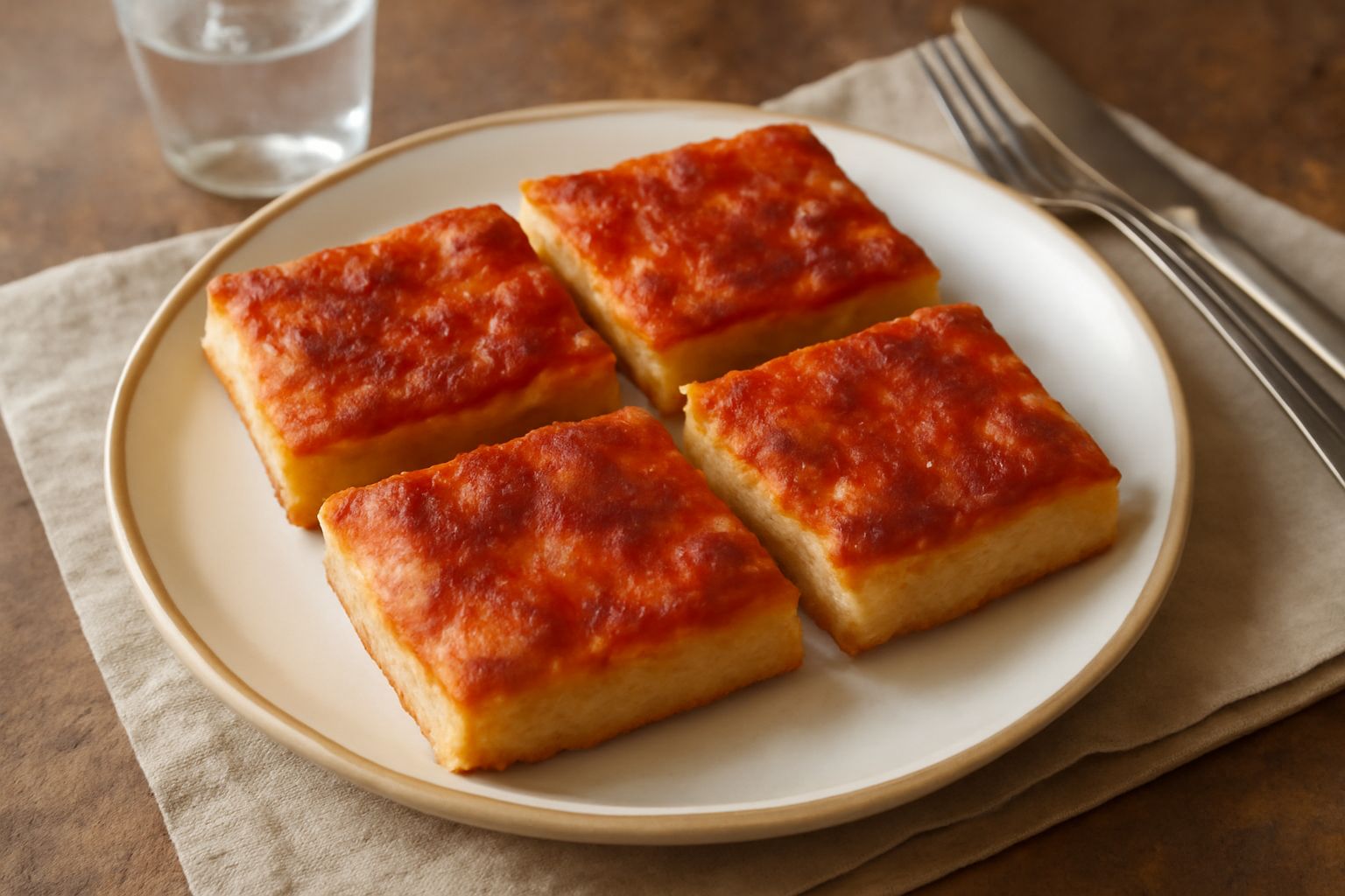 Pizza al taglio marchigiana appena sfornata, con base dorata e croccante, tagliata in quadrati uniformi su un piano di lavoro di legno, con olio d'oliva che lucida la superficie