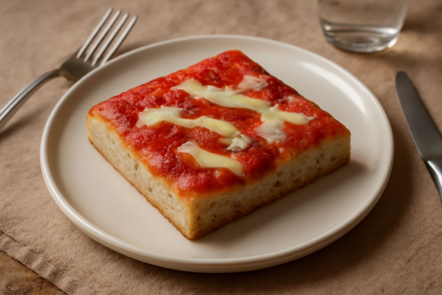 Pizza al taglio molisana rettangolare in teglia, crosta dorata, ricoperta di pomodoro rosso vivo e mozzarella bianca, tagliata in rettangoli regolari, su superficie di marmo bianco
