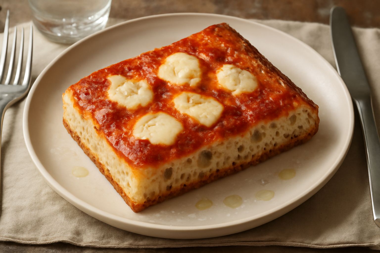Tre quadratoni di pizza al taglio perugina appena sfornati, con crosta dorata e irregolare, impasto soffice visibile nel taglio, condita con pomodoro e basilico fresco su fondo bianco