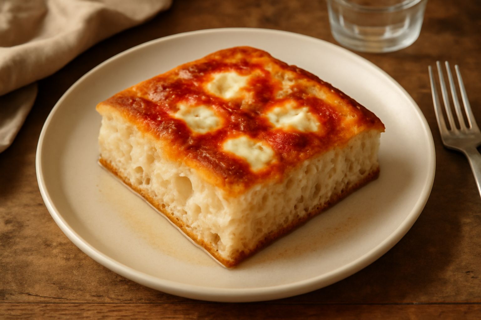 Pizza in teglia rettangolare con impasto dorato e gonfio, tagliata a porzioni quadrate, con superficie lievemente oleata e pieni di olio