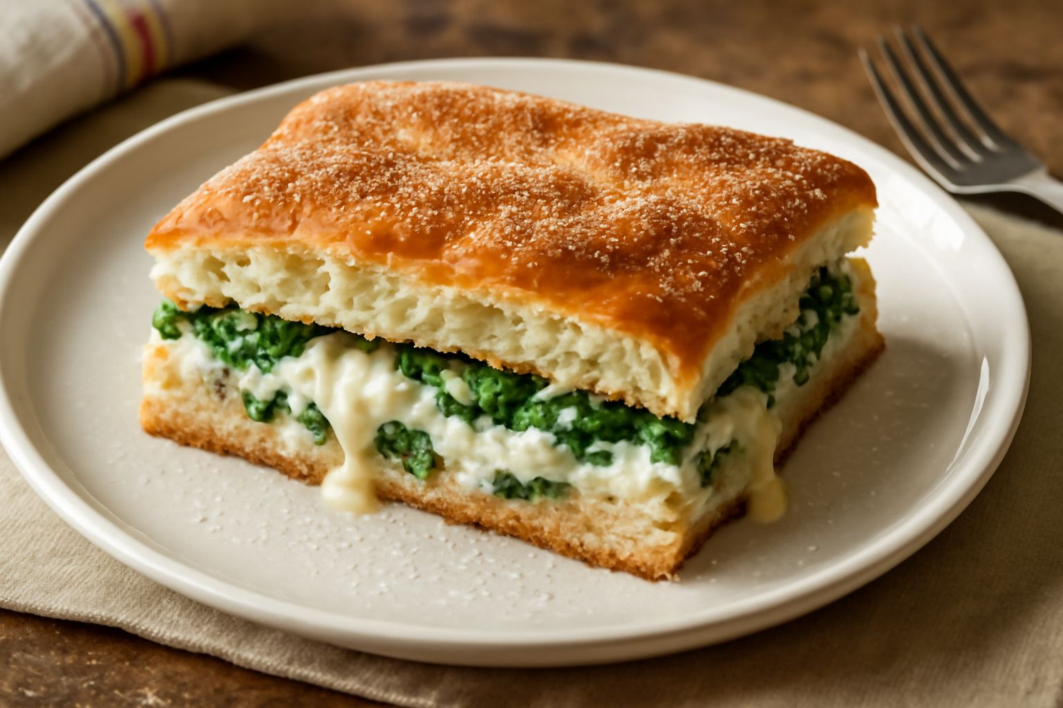 Pizza al taglio ripiena tagliata a rettangoli con strands di mozzarella filante, ripieno visibile di ricotta e verdure verdi, su un tavolo in legno con un coltello affilato accanto