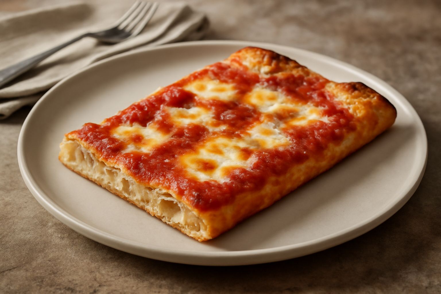Quadrati di pizza romana appena sfornati, con superficie dorata e croccante, farciti di pomodoro e mozzarella, disposti su una carta bianca, vista dall'alto
