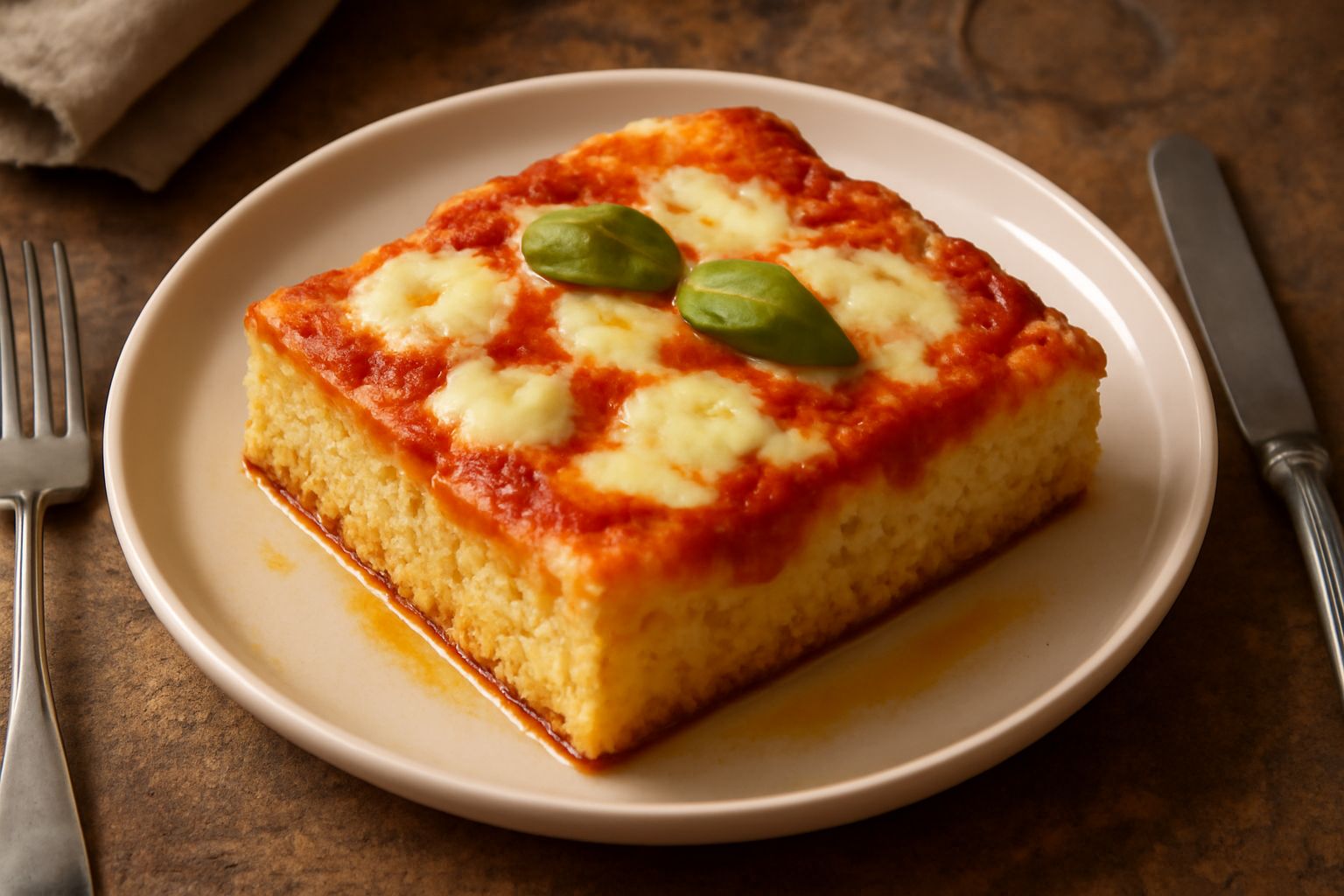 Una teglia rettangolare di pizza al taglio sorrentina appena sfornata: impasto giallo dorato, spesso circa 4 centimetri, ricoperto di salsa di pomodoro rosso vivo, scaglie di mozzarella bianca fusa ir