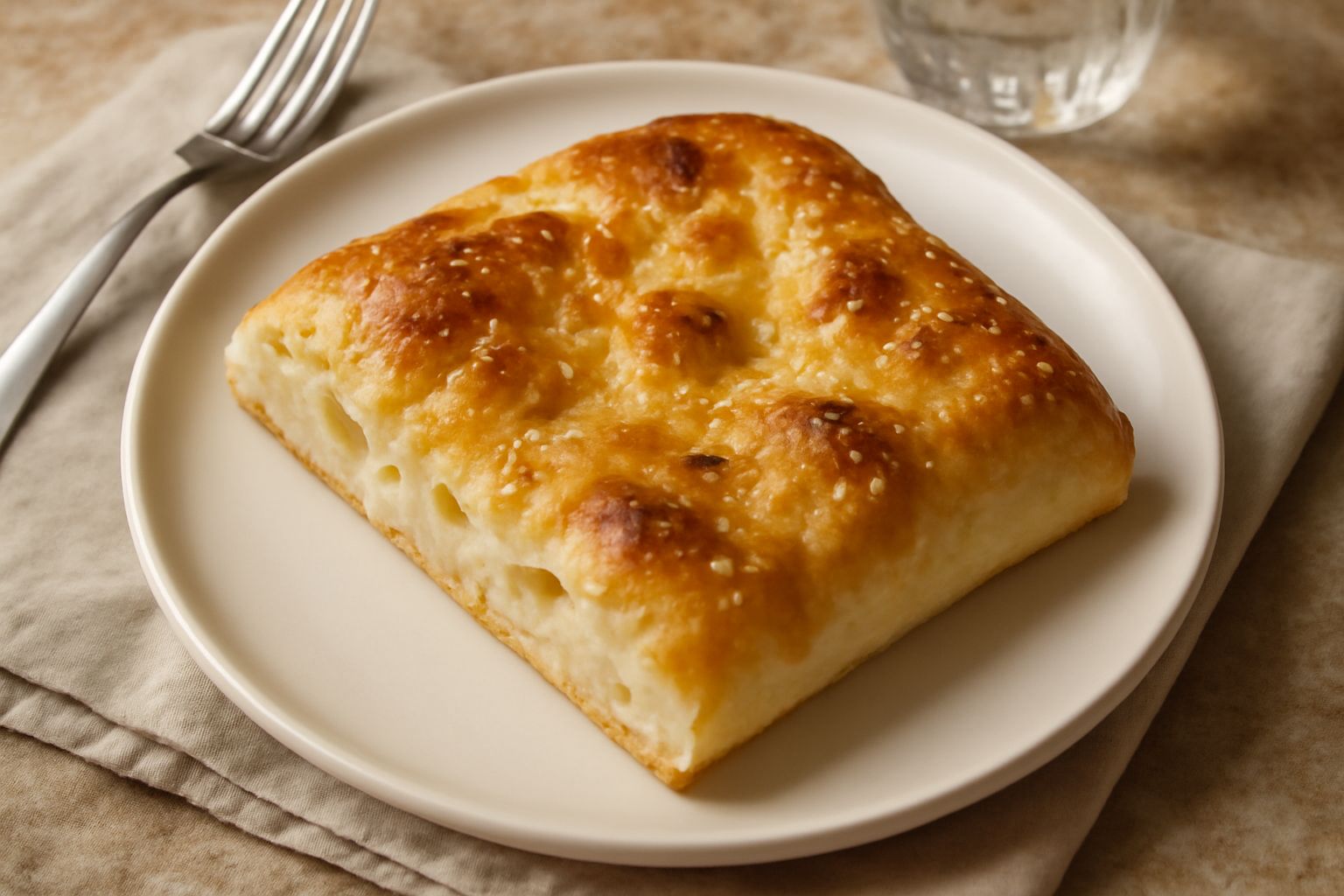 Rettangolo di pizza bianca romana appena sfornato, dorato e oleoso sulla superficie, con bolle d'aria gonfie e irregolari, tagliato in pezzi quadrati su una tavola di legno chiaro