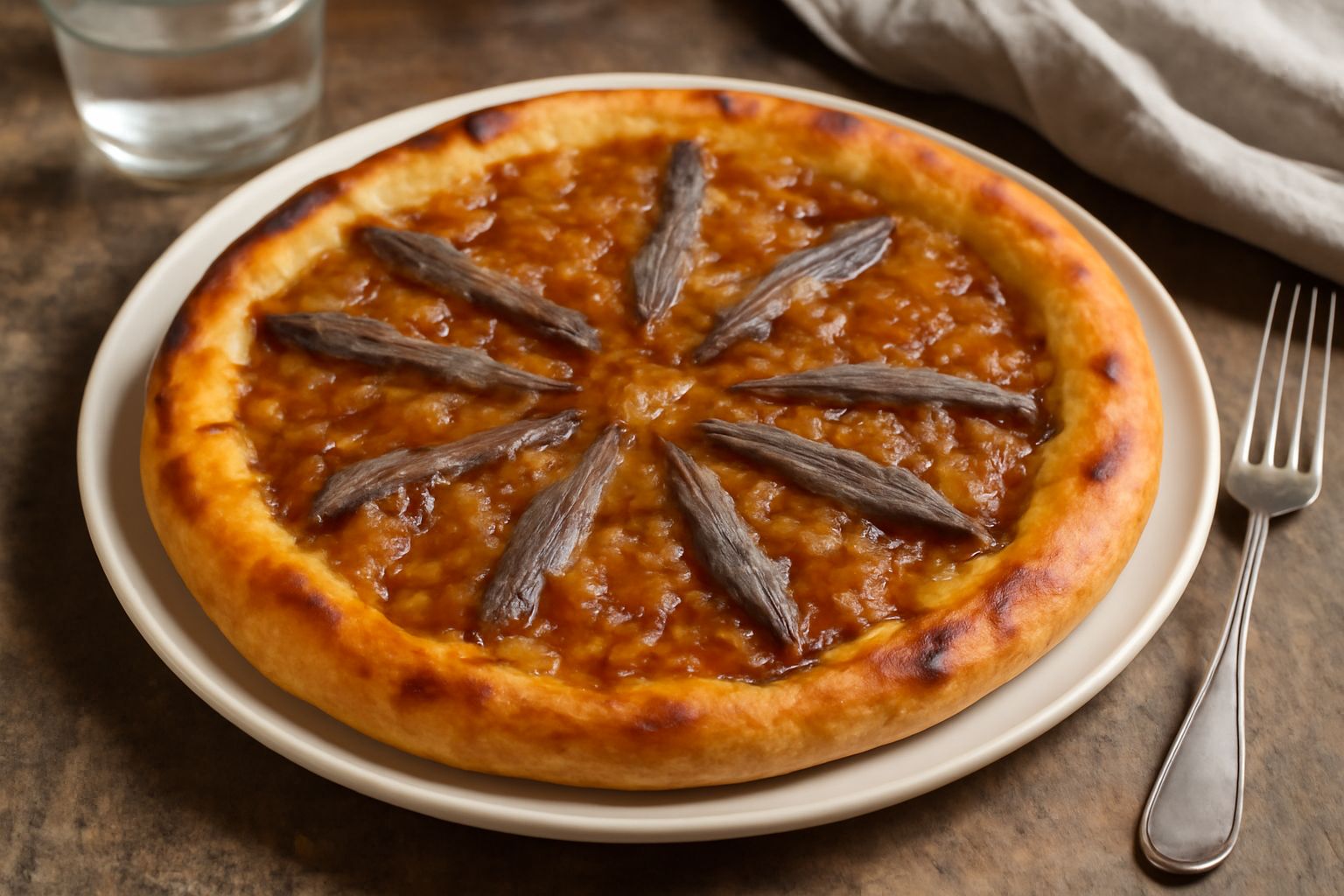 Pizza tonda su piatto bianco con cipolla dorata e acciughe grigie disposte a raggiera, bordi leggermente rialzati e croccanti, superficie con olio d'oliva lucido
