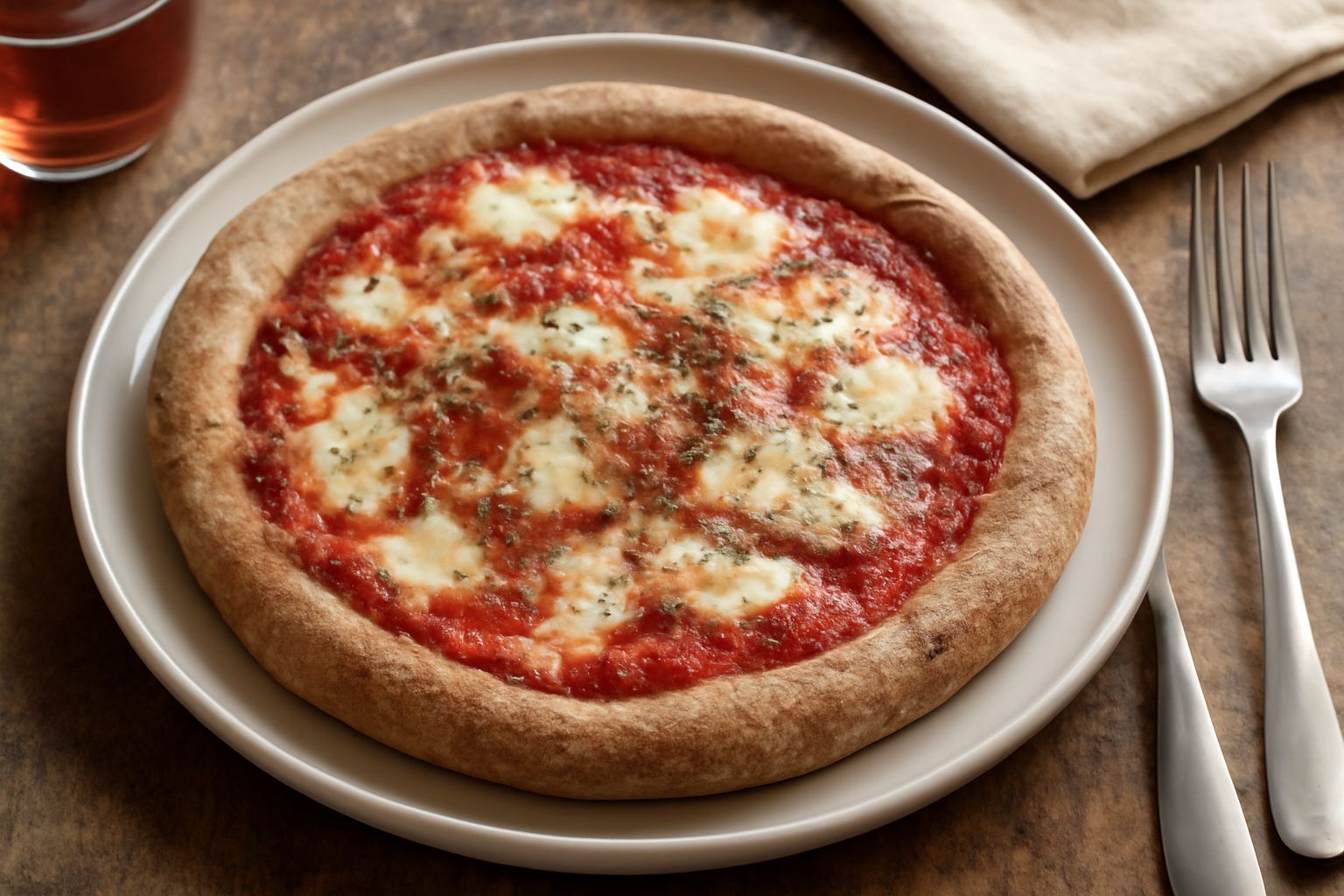 Una pizza rotonda da circa 30 centimetri, dalla crosta dorata e lievemente soffiata ai bordi, coperta di pomodoro rosso vivo, mozzarella filante bianca, origano e un filo di olio d'oliva, servita su u