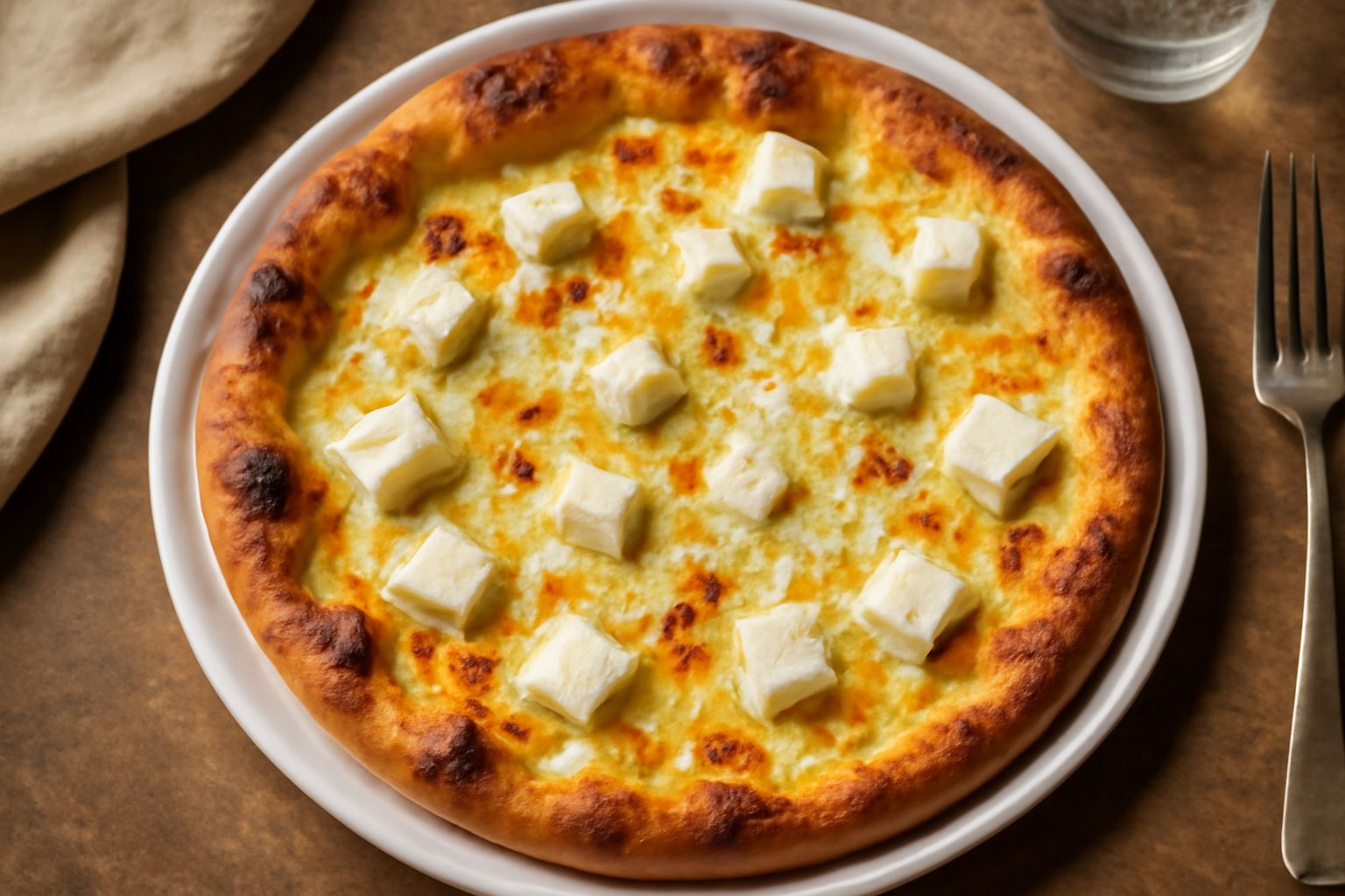 Pizza appena sfornata con base dorata e croccante, ricoperta di mozzarella filante che forma bolle dorate, feta bianca sbriciolata sparsa, scaglie di parmigiano giallo e rosmarino fresco in cima