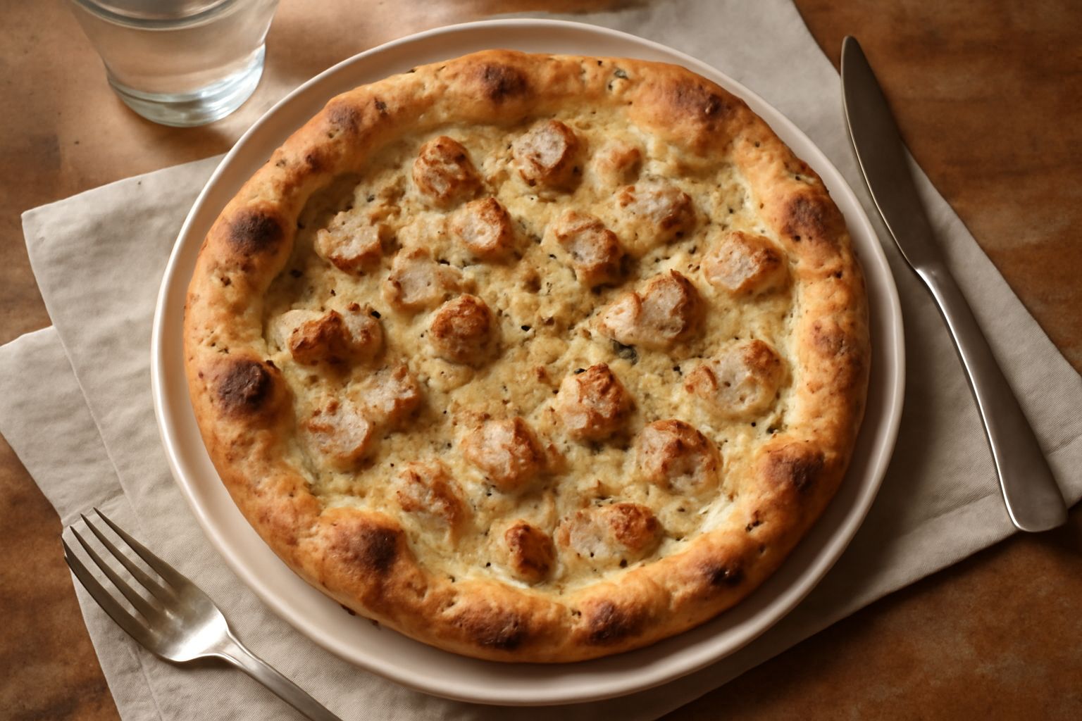 Pizza rotonda con base dorata e croccante, ciccioli bianchi e marroni sparsi in superficie, pepe nero visibile, servita su tavolo di legno