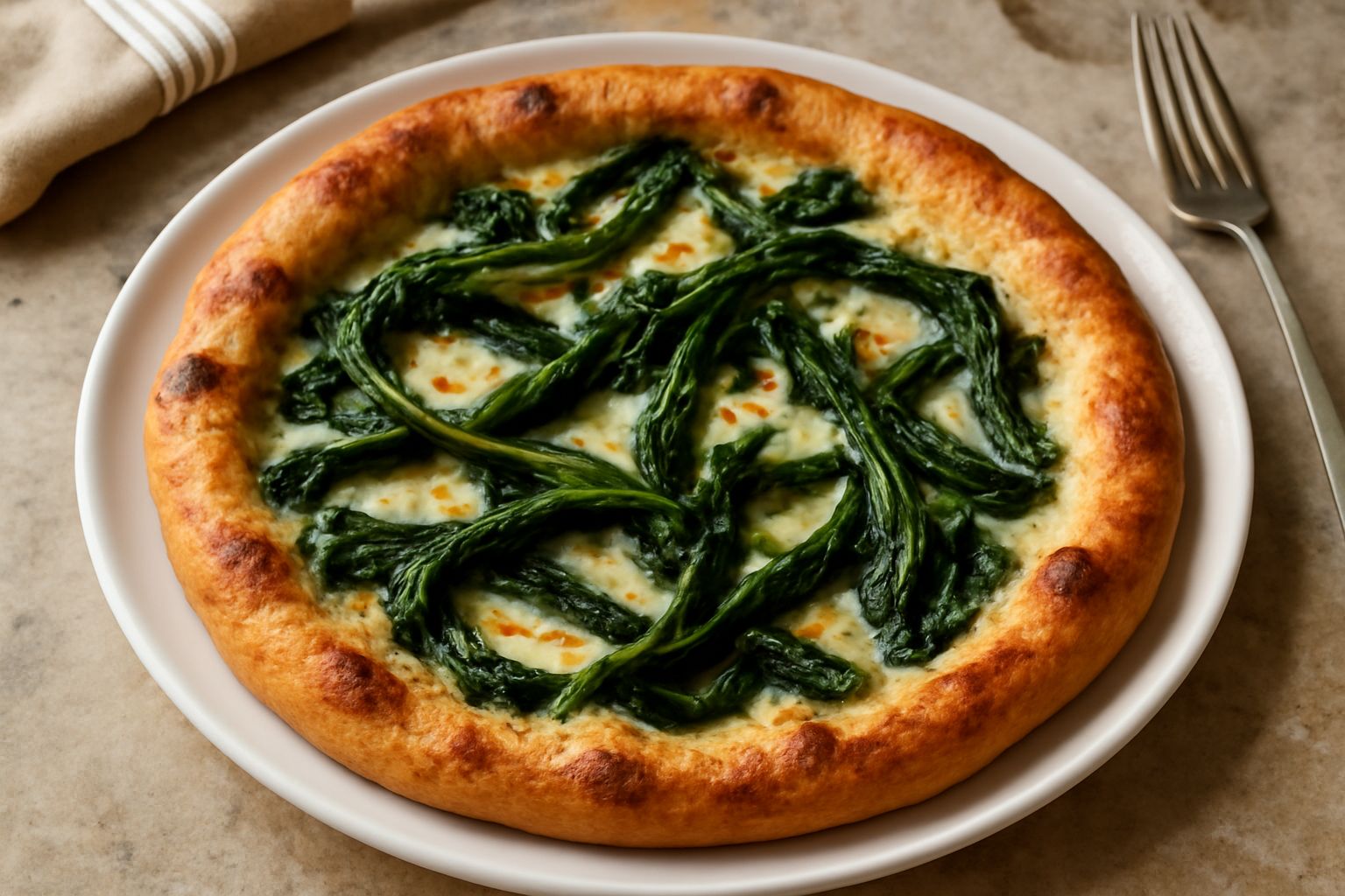Pizza appena sfornata, tonda su piatto bianco, con cicoria verde scura sparsa uniformemente, formaggio fuso dorato tra le strisce di verdura, bordo leggermente tostato, superficie croccante con gocce 
