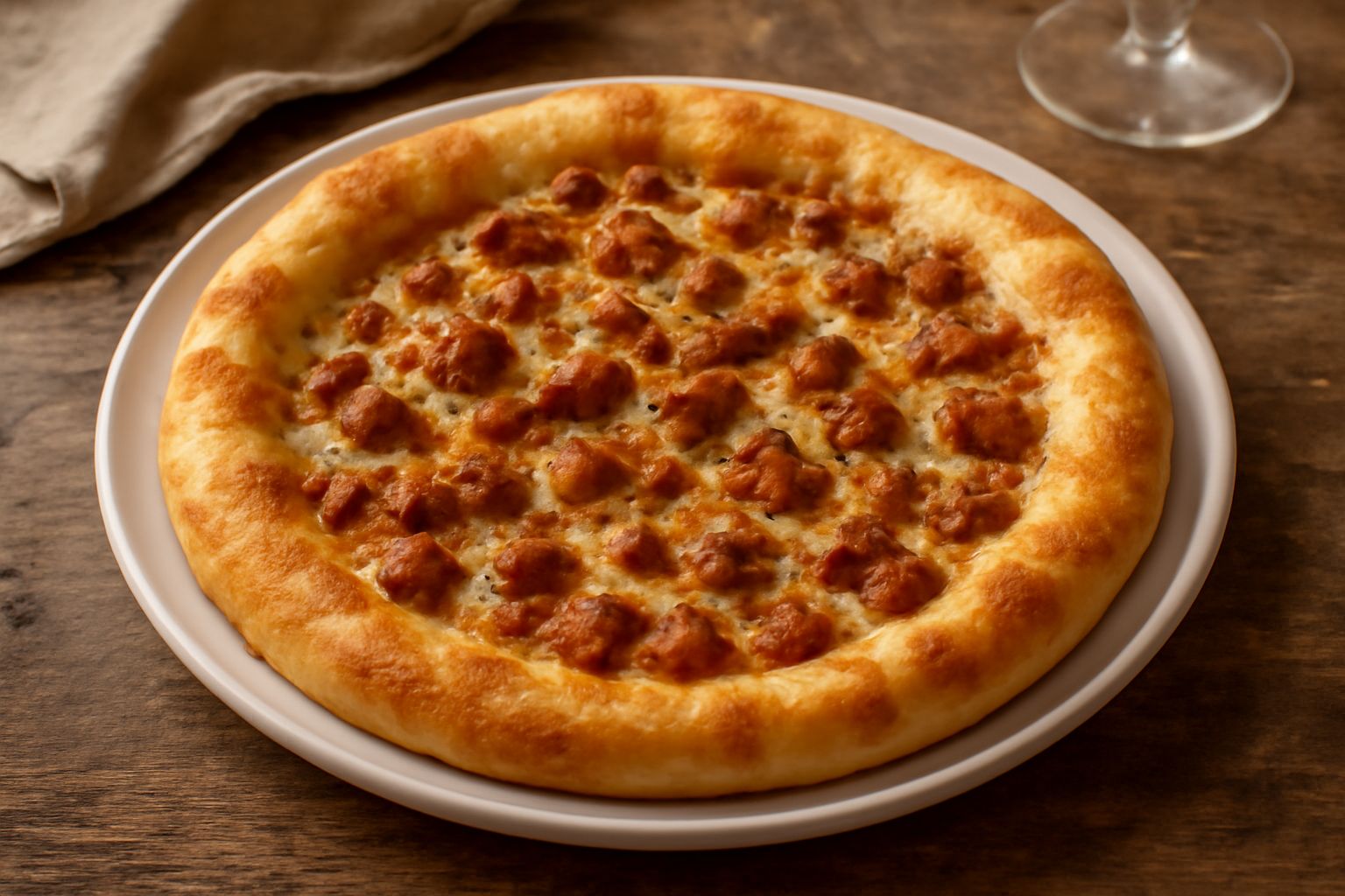 Pizza con ciccioli appena sfornata, base dorata con macchie scure, ciccioli croccanti sparsi in superficie, bordo gonfio e leggermente abbrustolito, servita su piatto bianco con olio d'oliva a filo